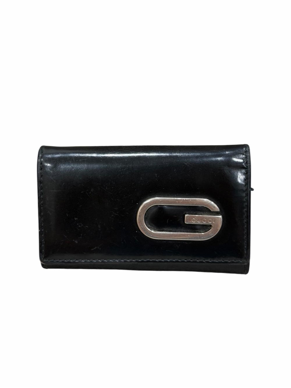Vintage Gucci Black Leather Key Holder Case Silver G Logo Made in Italy